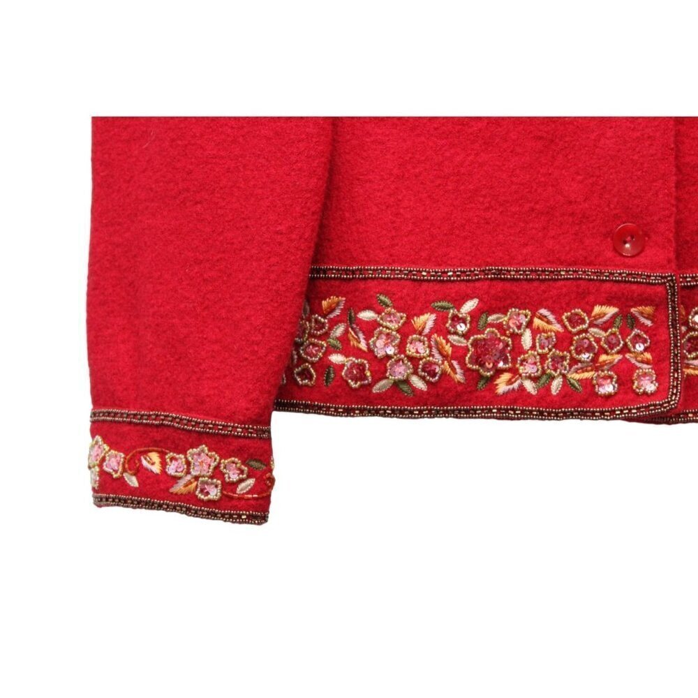 Talbots Jacket Size Large Petite 100% Wool Red Classic Embroidered Sequin Beaded - Picture 4 of 15